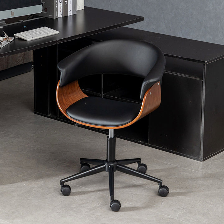 Chaise de bureau pivotante moderne minimaliste en similicuir PU, bois massif, contreplaqué, acier inoxydable et fer, courbée, ergonomique, à hauteur réglable, avec dossier et roulettes pour bureau à domicile 