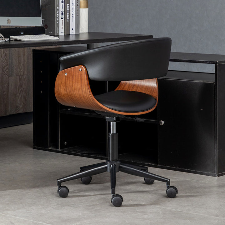 Chaise de bureau pivotante moderne minimaliste en similicuir PU, bois massif, contreplaqué, acier inoxydable et fer, courbée, ergonomique, à hauteur réglable, avec dossier et roulettes pour bureau à domicile 