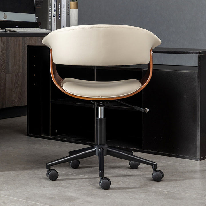 Chaise de bureau pivotante moderne minimaliste en similicuir PU, bois massif, contreplaqué, acier inoxydable et fer, courbée, ergonomique, à hauteur réglable, avec dossier et roulettes pour bureau à domicile 