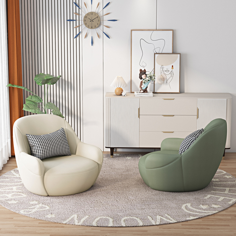Modern Minimalist Faux Leather Rounded Accent Chair With Armrests &amp; Backrest For Living Room