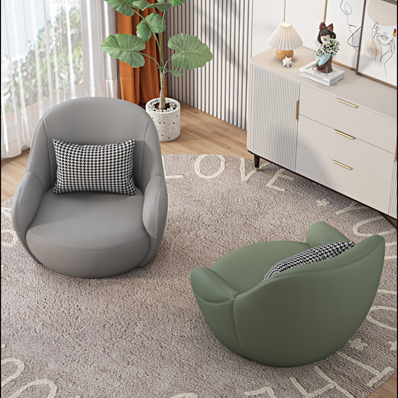 Modern Minimalist Faux Leather Rounded Accent Chair With Armrests &amp; Backrest For Living Room