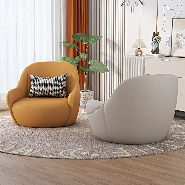Modern Minimalist Faux Leather Rounded Accent Chair With Armrests &amp; Backrest For Living Room