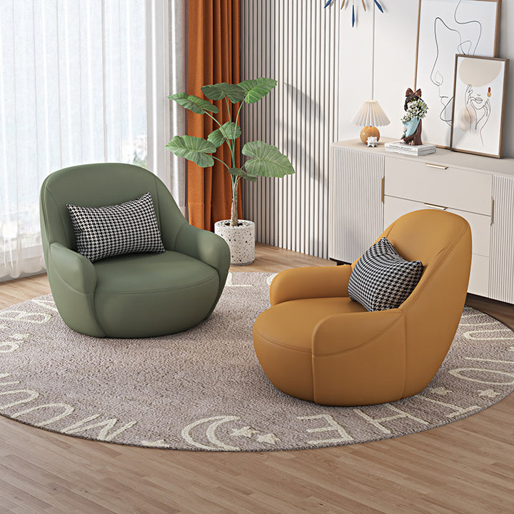 Modern Minimalist Faux Leather Rounded Accent Chair With Armrests &amp; Backrest For Living Room