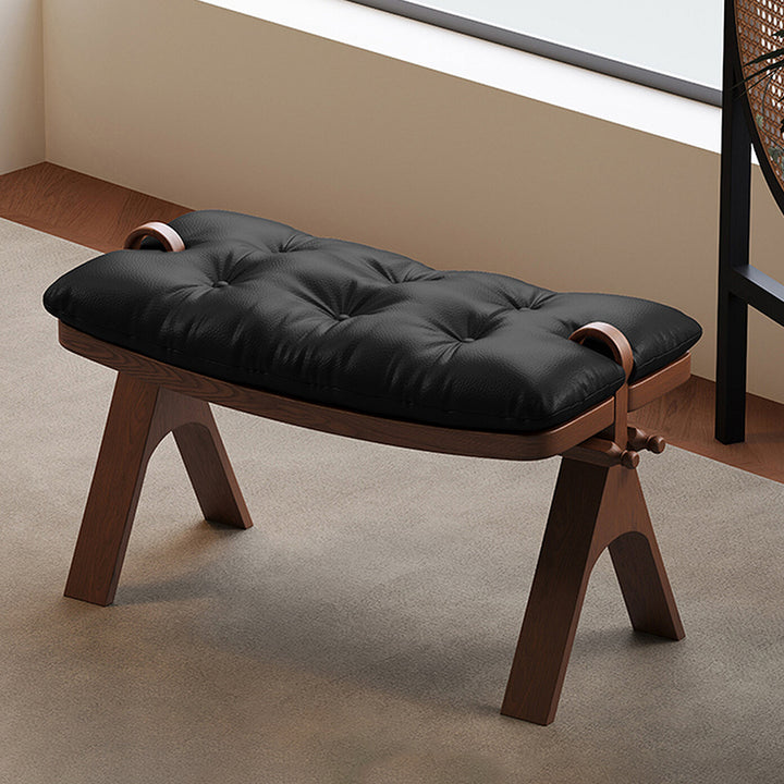 Contemporary Retro Top Grain Leather Curved Rectangular Low Stool With Solid Wood Base For Bedroom &amp; Living Room