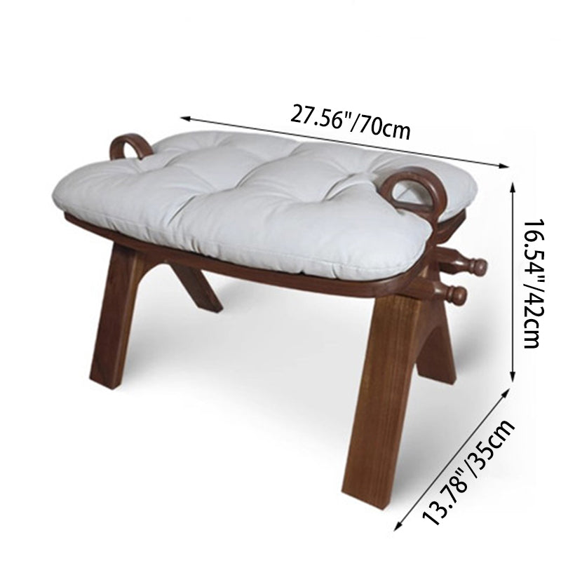 Contemporary Retro Top Grain Leather Curved Rectangular Low Stool With Solid Wood Base For Bedroom &amp; Living Room