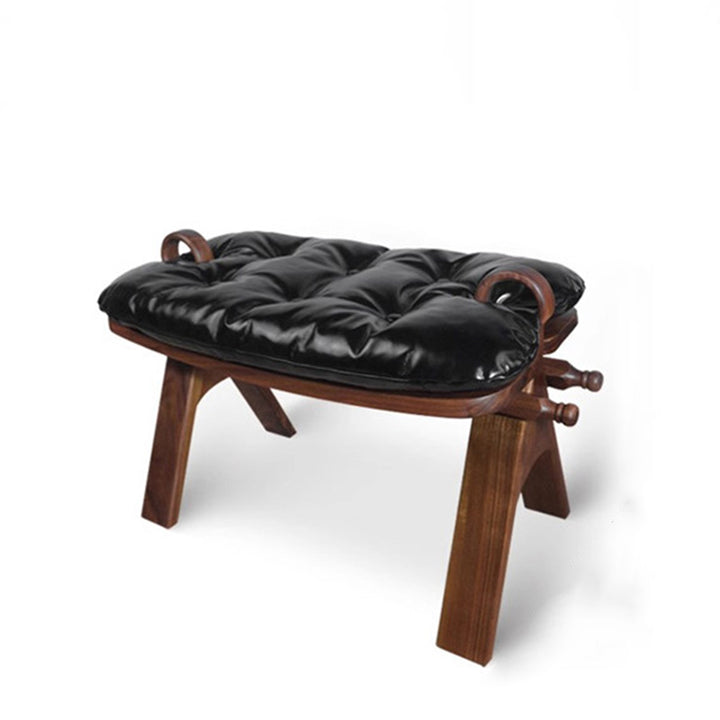 Contemporary Retro Top Grain Leather Curved Rectangular Low Stool With Solid Wood Base For Bedroom &amp; Living Room