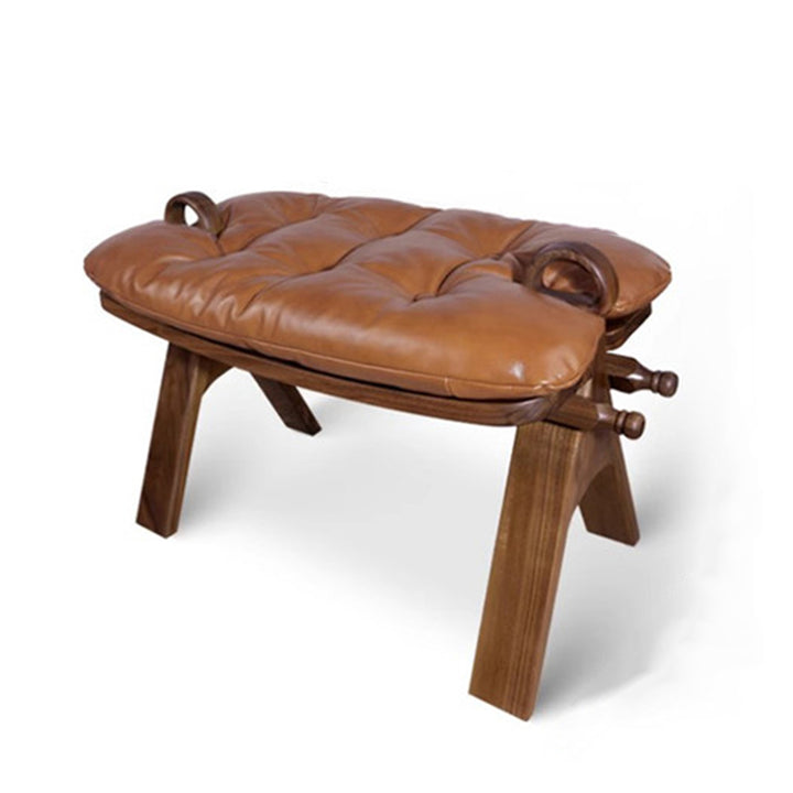 Contemporary Retro Top Grain Leather Curved Rectangular Low Stool With Solid Wood Base For Bedroom &amp; Living Room