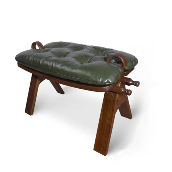 Contemporary Retro Top Grain Leather Curved Rectangular Low Stool With Solid Wood Base For Bedroom &amp; Living Room