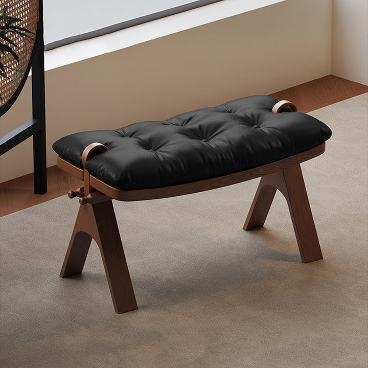 Contemporary Retro Top Grain Leather Curved Rectangular Low Stool With Solid Wood Base For Bedroom &amp; Living Room