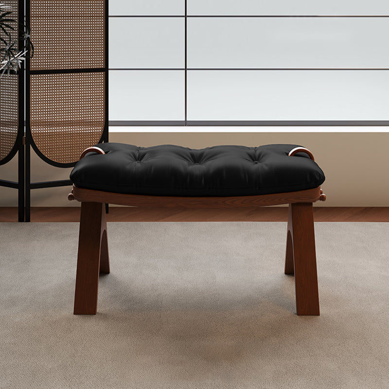 Contemporary Retro Top Grain Leather Curved Rectangular Low Stool With Solid Wood Base For Bedroom &amp; Living Room