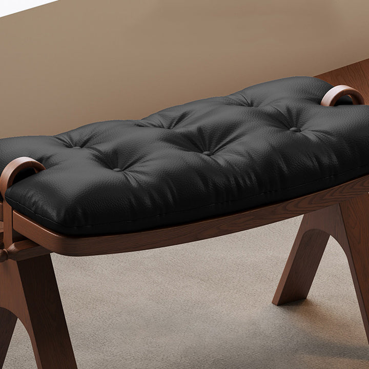 Contemporary Retro Top Grain Leather Curved Rectangular Low Stool With Solid Wood Base For Bedroom &amp; Living Room