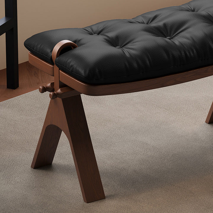 Contemporary Retro Top Grain Leather Curved Rectangular Low Stool With Solid Wood Base For Bedroom &amp; Living Room