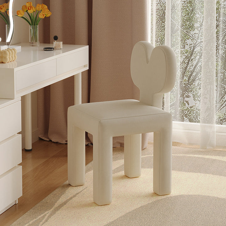 Taburete tocador contemporáneo y creativo con respaldo en forma de corazón, tapizado en tejido sherpa y terciopelo, con estructura de hierro, ideal para dormitorio 