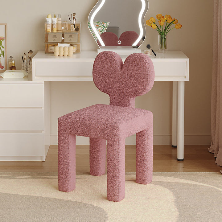 Taburete tocador contemporáneo y creativo con respaldo en forma de corazón, tapizado en tejido sherpa y terciopelo, con estructura de hierro, ideal para dormitorio 