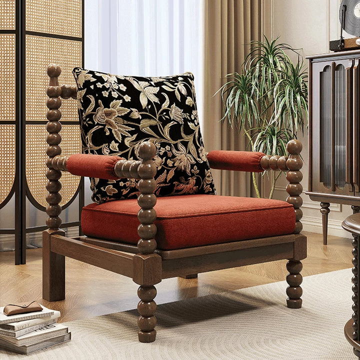 Chaise d’appoint traditionnelle française en bois massif recouverte de tissu en lin, avec dossier et accoudoirs, pour salon 