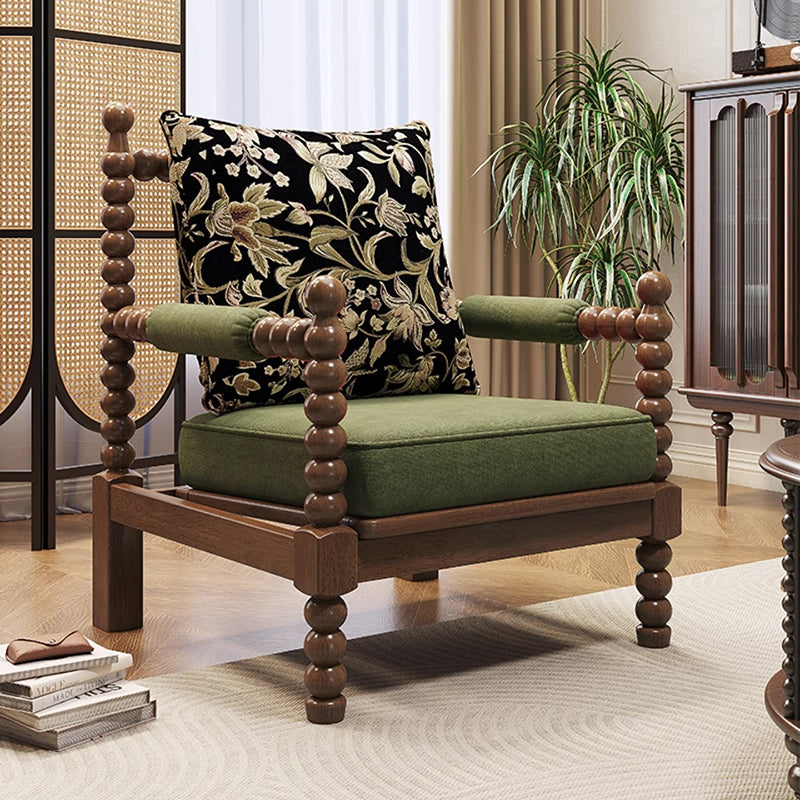 Silla de acento tradicional francesa de madera maciza con tapizado de tela de lino con respaldo y reposabrazos para sala de estar 