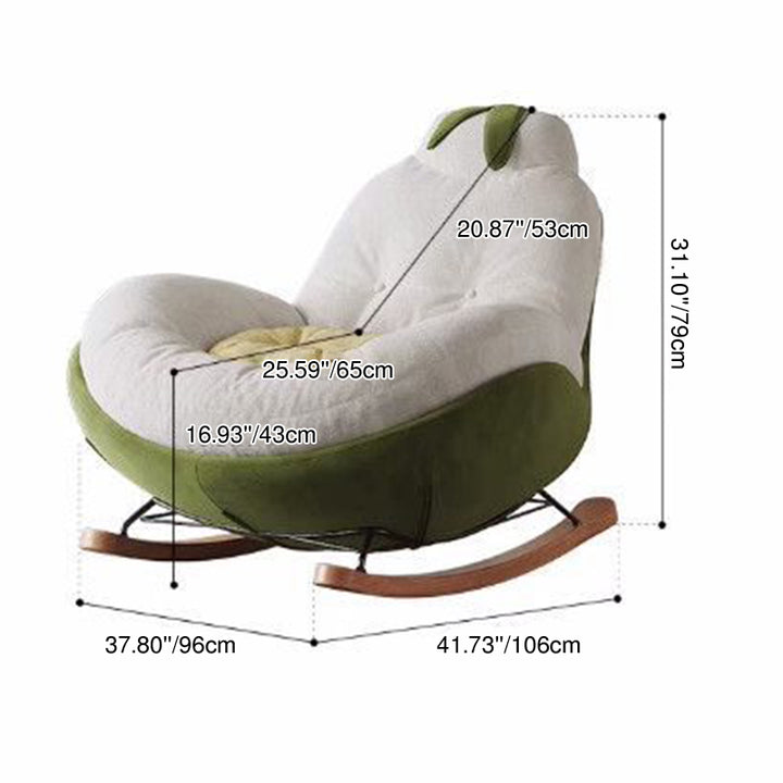 Chaise à bascule contemporaine en bois massif, métal et tissu en forme de poire, avec accoudoirs et dossier pour salon 
