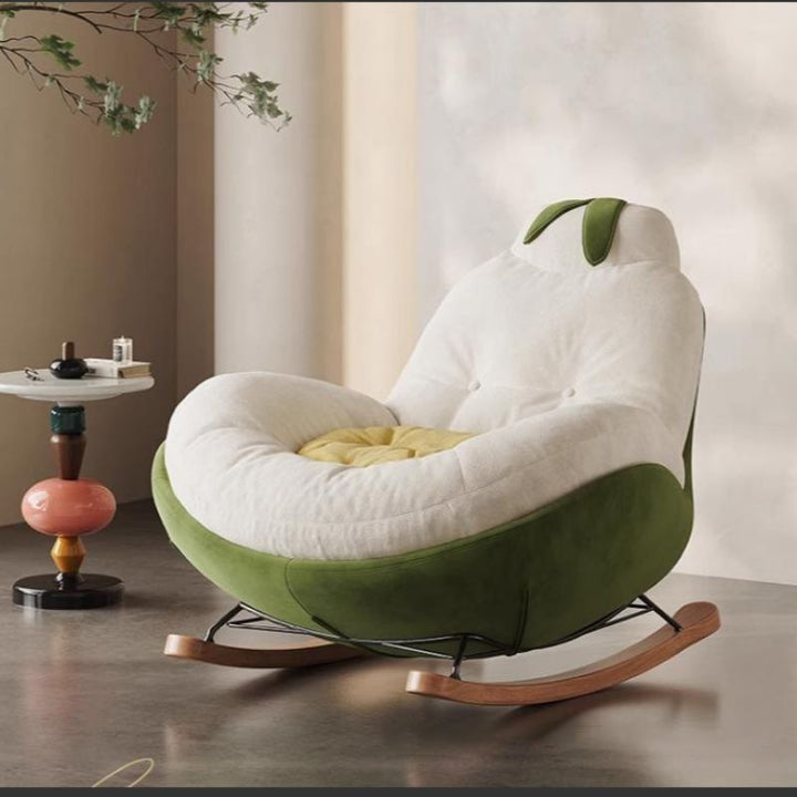 Chaise à bascule contemporaine en bois massif, métal et tissu en forme de poire, avec accoudoirs et dossier pour salon 