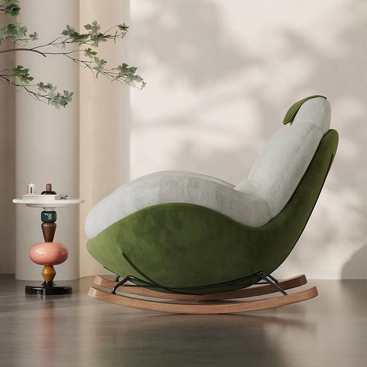 Chaise à bascule contemporaine en bois massif, métal et tissu en forme de poire, avec accoudoirs et dossier pour salon 