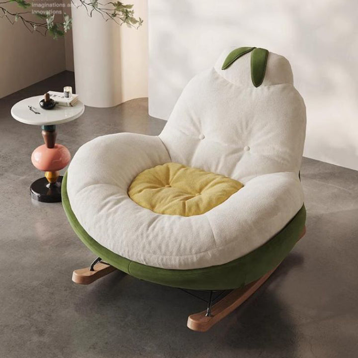 Chaise à bascule contemporaine en bois massif, métal et tissu en forme de poire, avec accoudoirs et dossier pour salon 