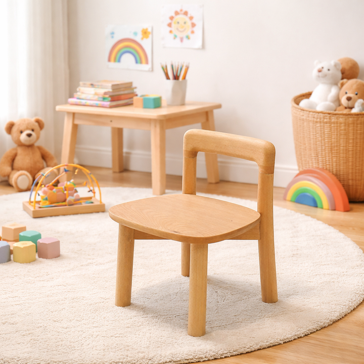 Modern Minimalist Solid Wood Rounded Corner Kids Chair With Backrest For Living Room, Dining Room & Bedroom