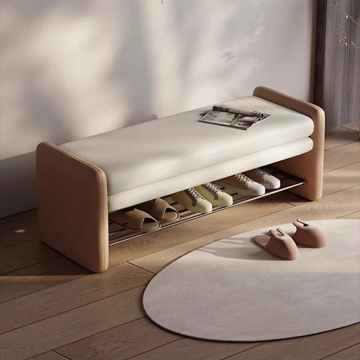Banco zapatero moderno de lujo de cuero sintético para arañazos de gato, contrachapado y metal, con forma rectangular de esquinas redondeadas y almacenamiento para la entrada 