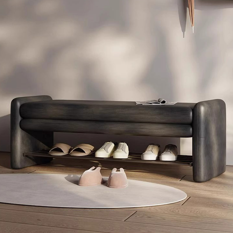 Banco zapatero moderno de lujo de cuero sintético para arañazos de gato, contrachapado y metal, con forma rectangular de esquinas redondeadas y almacenamiento para la entrada 