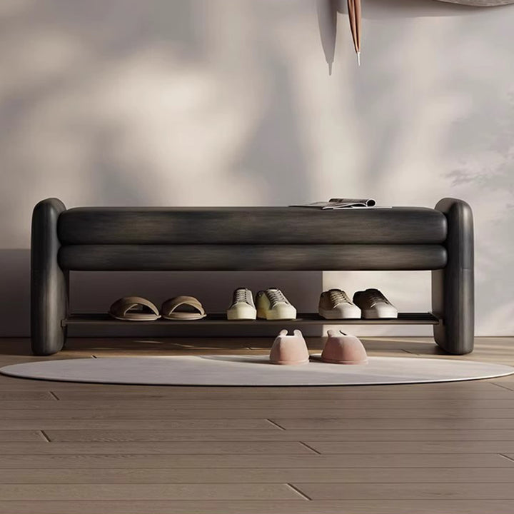 Banco zapatero moderno de lujo de cuero sintético para arañazos de gato, contrachapado y metal, con forma rectangular de esquinas redondeadas y almacenamiento para la entrada 