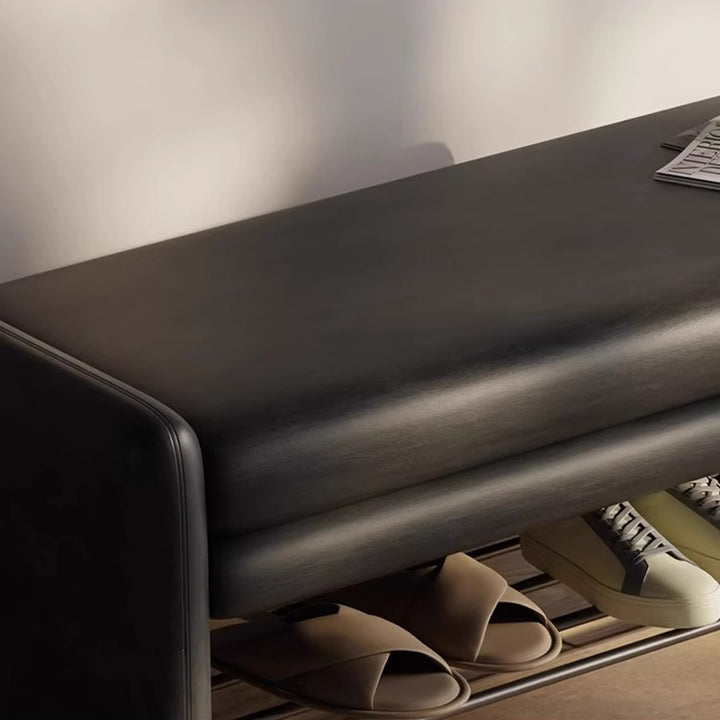 Banco zapatero moderno de lujo de cuero sintético para arañazos de gato, contrachapado y metal, con forma rectangular de esquinas redondeadas y almacenamiento para la entrada 