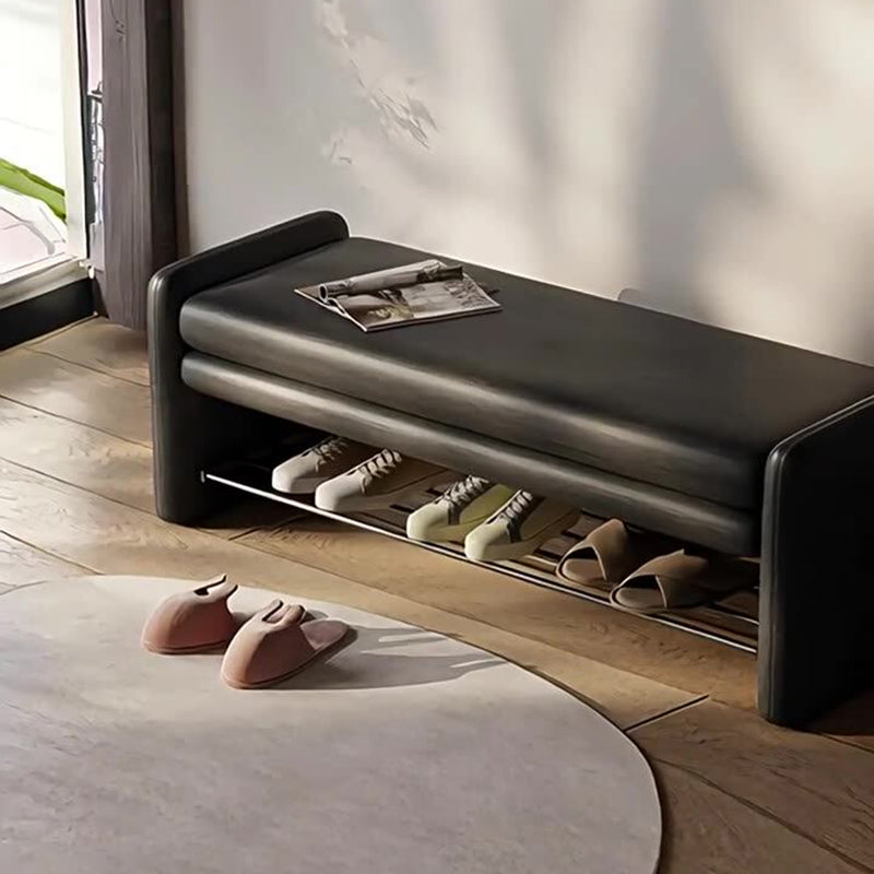 Banco zapatero moderno de lujo de cuero sintético para arañazos de gato, contrachapado y metal, con forma rectangular de esquinas redondeadas y almacenamiento para la entrada 