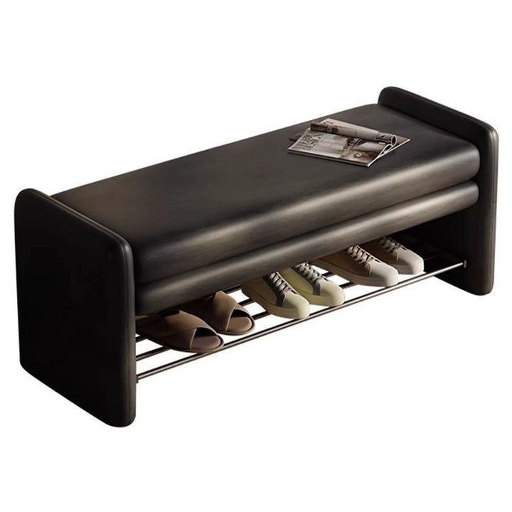 Banco zapatero moderno de lujo de cuero sintético para arañazos de gato, contrachapado y metal, con forma rectangular de esquinas redondeadas y almacenamiento para la entrada 