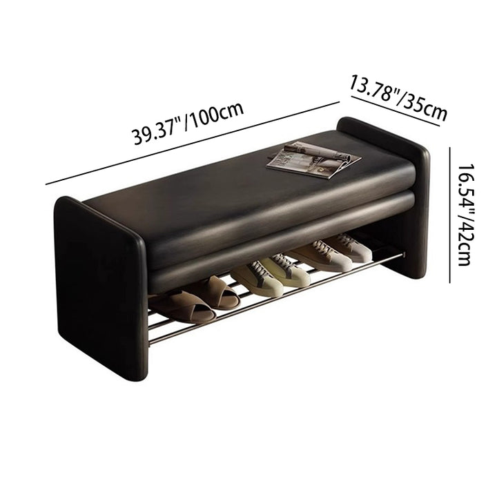 Banco zapatero moderno de lujo de cuero sintético para arañazos de gato, contrachapado y metal, con forma rectangular de esquinas redondeadas y almacenamiento para la entrada 