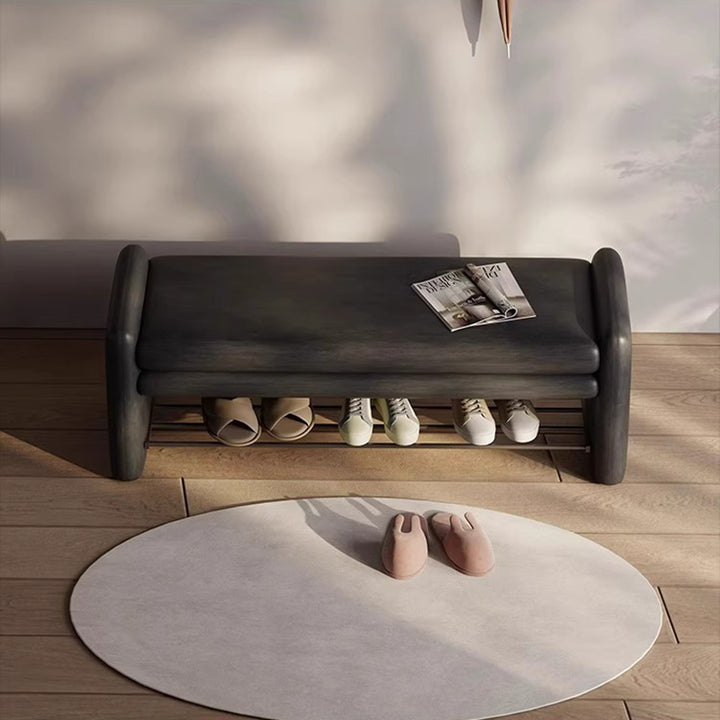 Banco zapatero moderno de lujo de cuero sintético para arañazos de gato, contrachapado y metal, con forma rectangular de esquinas redondeadas y almacenamiento para la entrada 