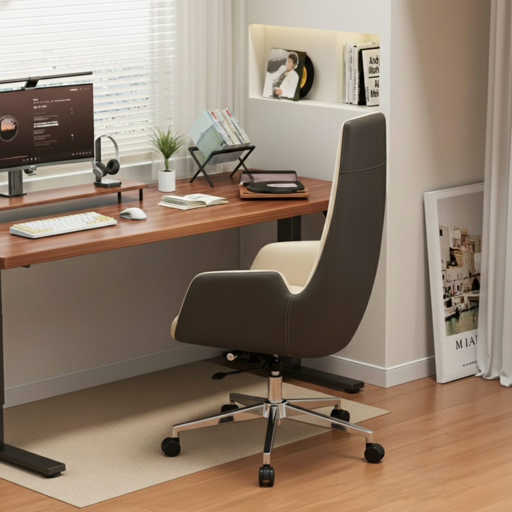 Modern Luxury Ergonomic Executive Chair - Leather Plywood Metal Office High Back Desk Chair With Adjustable Height, Swivel Wheels &amp; Reclining Function