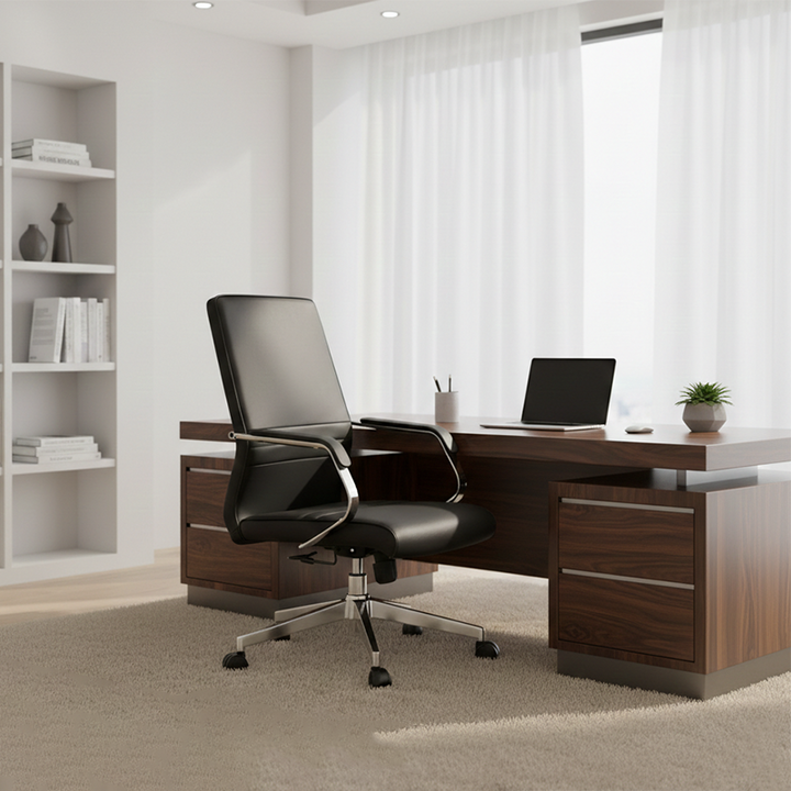 Modern Minimalist Ergonomic Mid-Back Office Chair - Adjustable Height Swivel Leather Plywood Metal Desk Chair With Wheels And Reclining Function