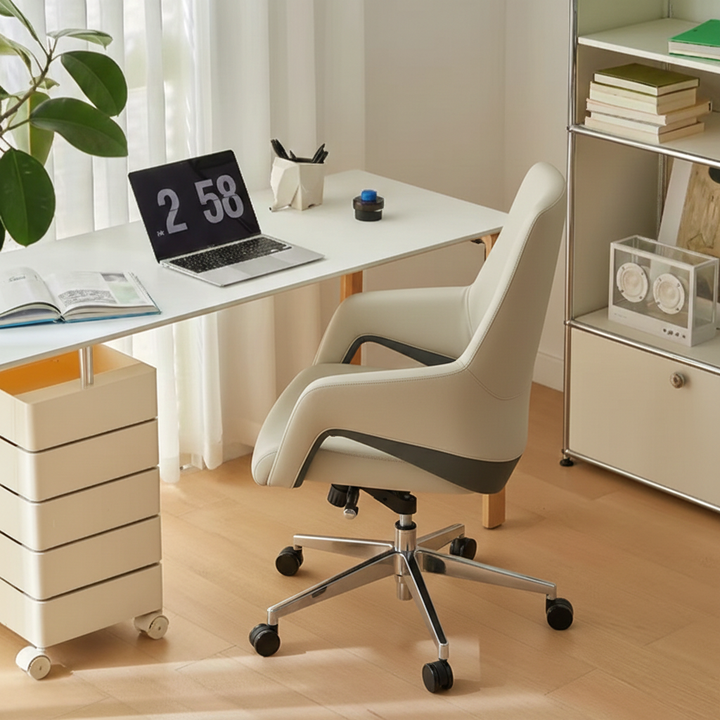 Contemporary Nordic Mid-Back Leather Plywood Metal Office Chair - Ergonomic Executive Desk Chair With Adjustable Height, Swivel Wheels & Reclining Function