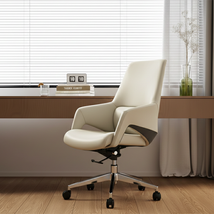 Contemporary Nordic Mid-Back Leather Plywood Metal Office Chair - Ergonomic Executive Desk Chair With Adjustable Height, Swivel Wheels & Reclining Function