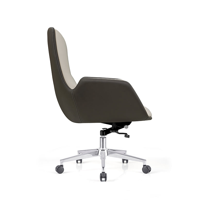 Silla de oficina moderna minimalista ergonómica de cuero, contrachapado y metal, silla de escritorio giratoria ajustable con ruedas - silla de trabajo cómoda de respaldo medio para oficina en casa 
