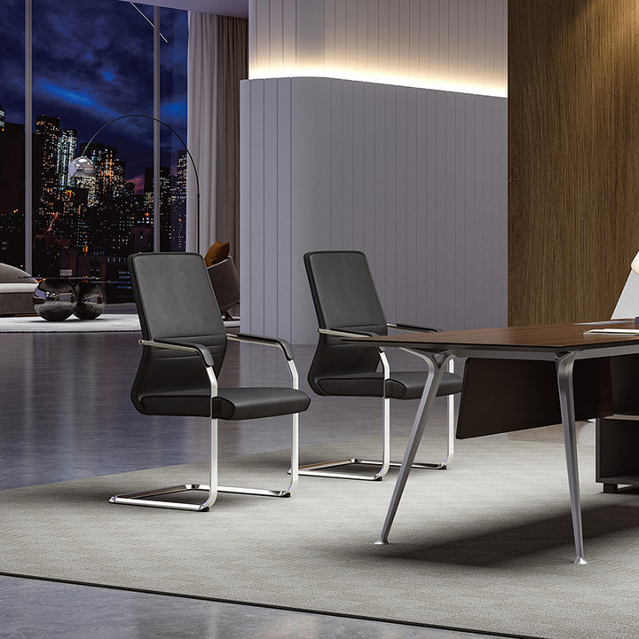 Modern Minimalist Leather Plywood Metal Conference Chair Ergonomic Guest Desk Chair Sled Base Executive Meeting Chair For Office Reception Set Of 4