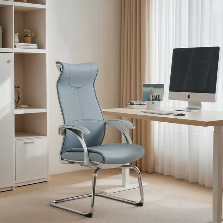 Modern Minimalist Ergonomic Leather Plywood Metal Office Chair Executive Gaming Desk Chair With Headrest Lumbar Support Cantilever Base For Home Office Set Of 2