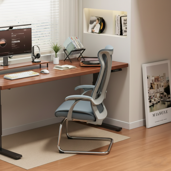 Modern Minimalist Ergonomic Leather Plywood Metal Office Chair Executive Gaming Desk Chair With Headrest Lumbar Support Cantilever Base For Home Office Set Of 2