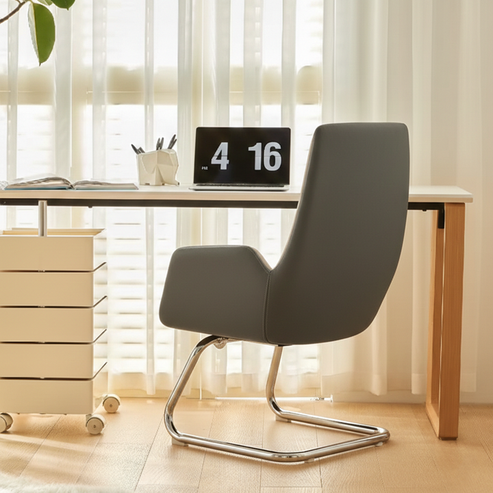 Modern Minimalist Ergonomic Mid Back Leather Plywood & Metal Office Chair - Upholstered Desk Chair With Armrests Comfortable Reception Chair For Home Office