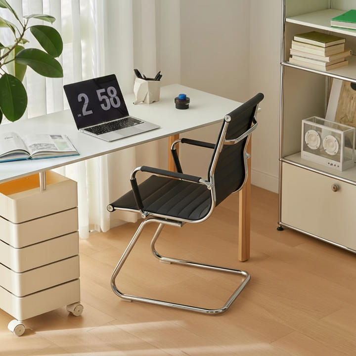 Modern Minimalist Leather Oxford Fabric Metal Conference Desk Chair - Ergonomic Mid Back Office Guest Chair For Meeting Room Reception