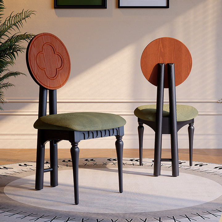 Vintage Floral Ash Wood & Plywood Dining Chair - French Corduroy Accent Chair With Sculpted Flower Backrest Set Of 1/2