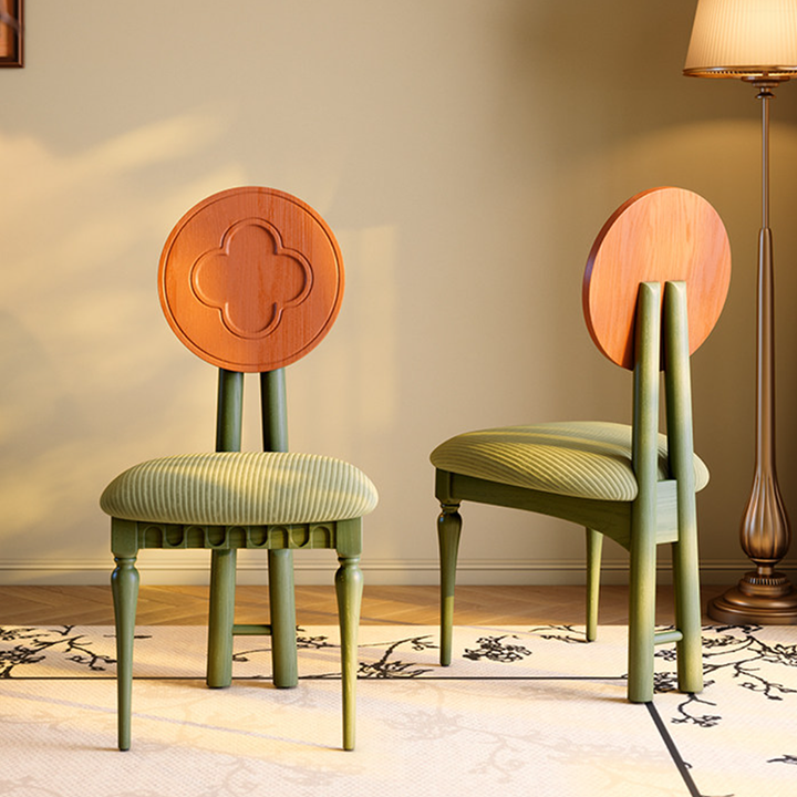 Vintage Floral Ash Wood & Plywood Dining Chair - French Corduroy Accent Chair With Sculpted Flower Backrest Set Of 1/2