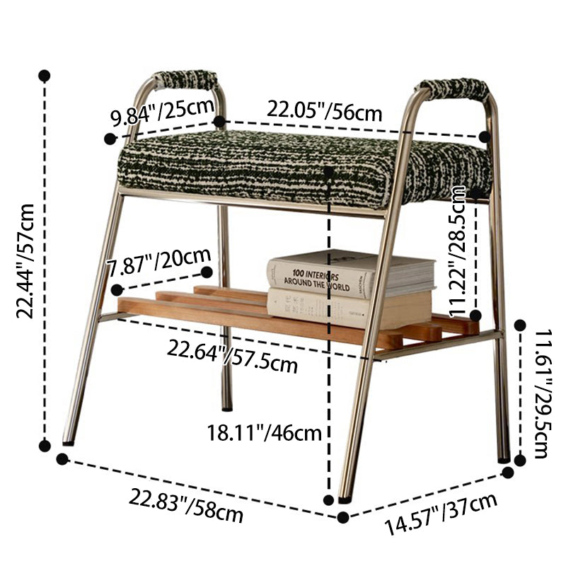 Contemporary Nordic Solid Wood Stainless Steel Cotton Linen Upholstered Accent Bench With Storage Shelf With Armrests For Entryway