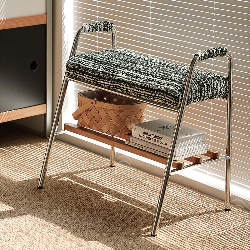 Contemporary Nordic Solid Wood Stainless Steel Cotton Linen Upholstered Accent Bench With Storage Shelf With Armrests For Entryway