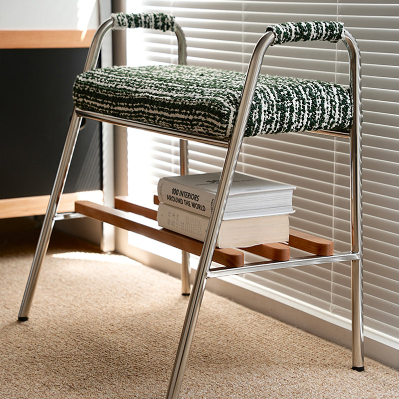 Contemporary Nordic Solid Wood Stainless Steel Cotton Linen Upholstered Accent Bench With Storage Shelf With Armrests For Entryway