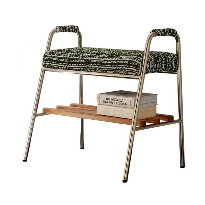 Contemporary Nordic Solid Wood Stainless Steel Cotton Linen Upholstered Accent Bench With Storage Shelf With Armrests For Entryway