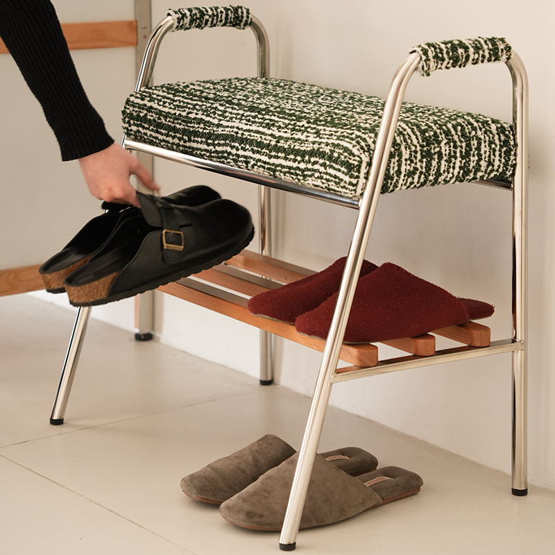 Contemporary Nordic Solid Wood Stainless Steel Cotton Linen Upholstered Accent Bench With Storage Shelf With Armrests For Entryway